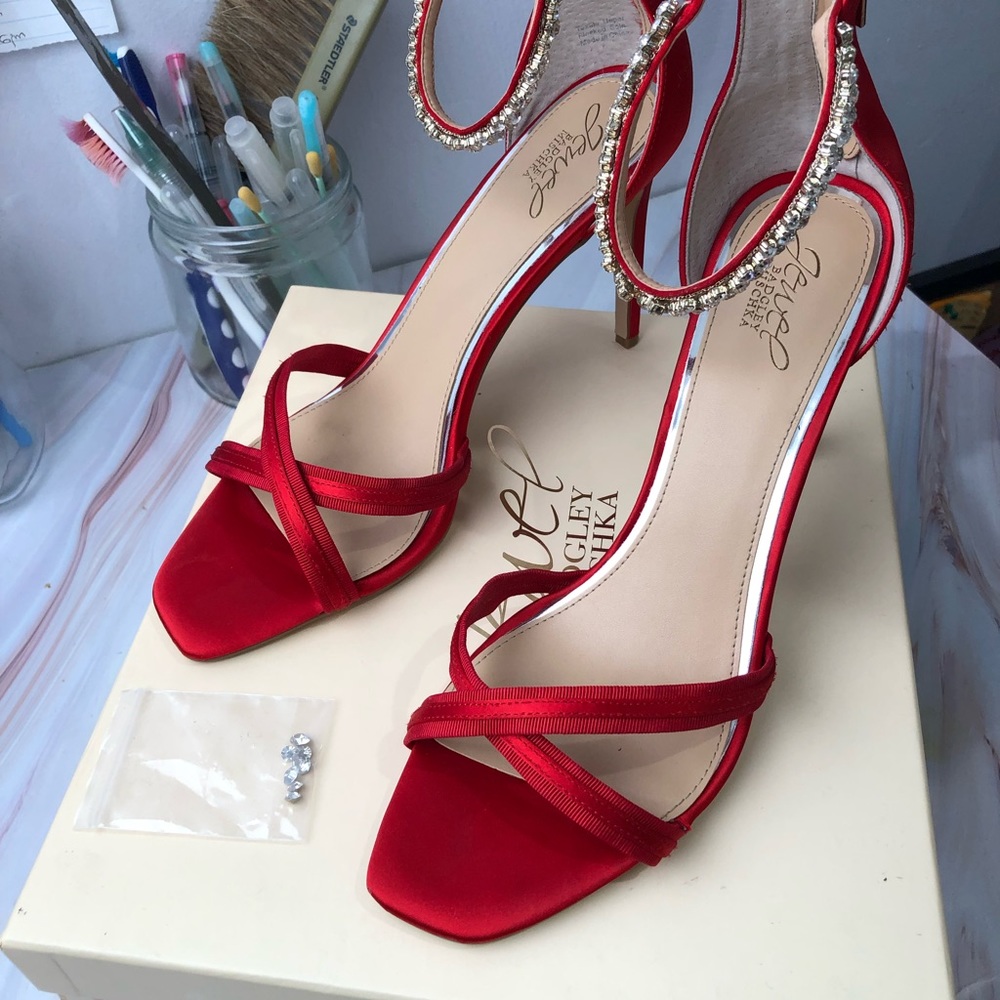 Badgley Mischka Red Satin Heels with Rhinestone Ankle Strap